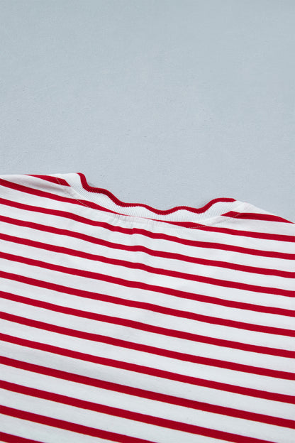 Red Stripe Scallop Trim Casual Top 2pcs Short Set