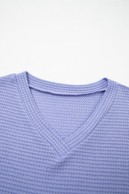 Strawberry Pink Waffle V Neck Short Sleeve Knit Top
