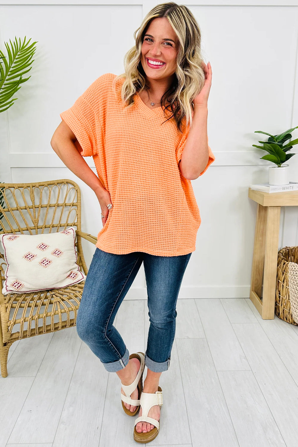Strawberry Pink Waffle V Neck Short Sleeve Knit Top