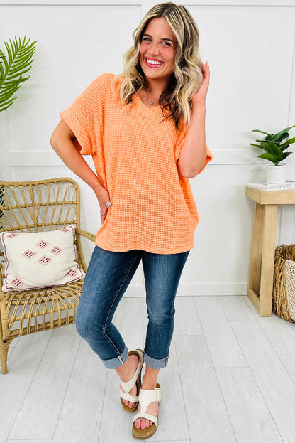 Strawberry Pink Waffle V Neck Short Sleeve Knit Top