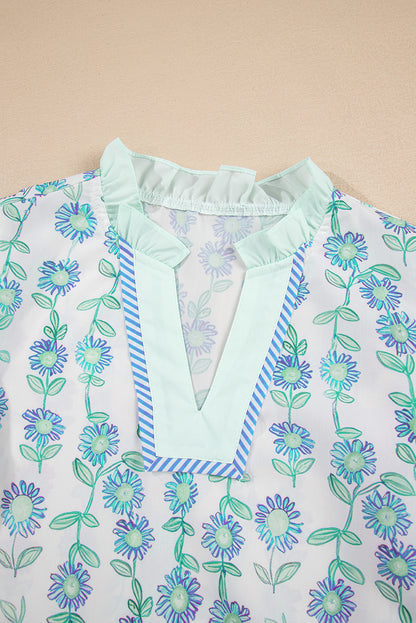 Green Floral Print Striped Trim Contrast V Neck Patchwork Boho Blouse