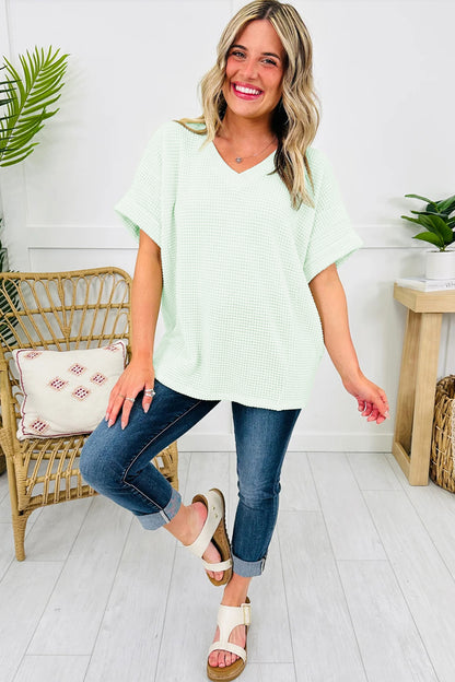 Strawberry Pink Waffle V Neck Short Sleeve Knit Top