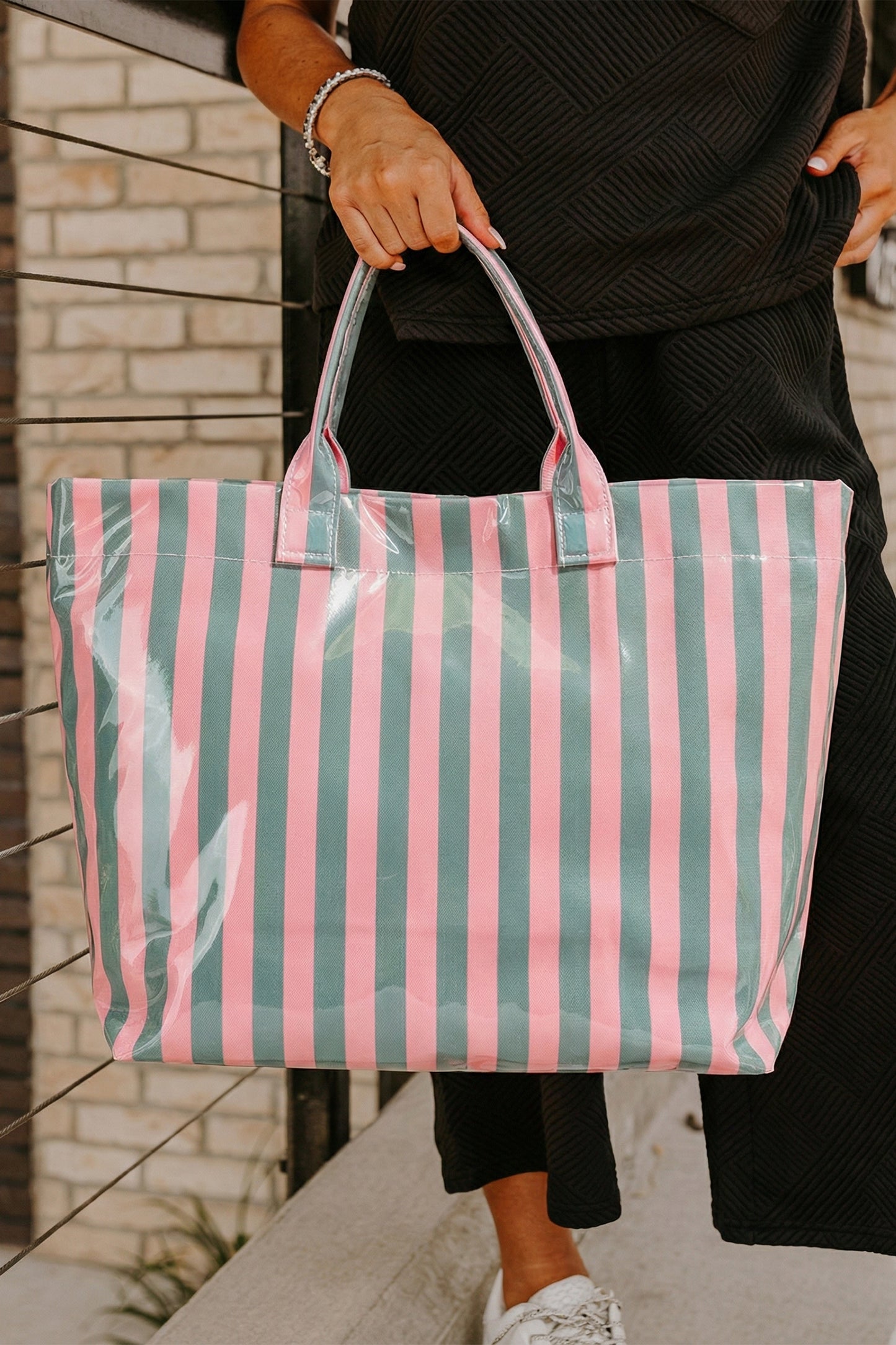Rainbow Glossy Striped Vinyl Large Tote Bag