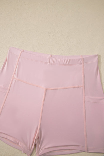 Bright Pink Solid Color Tunic Tank Dress Athletic Shorts Two Piece Set