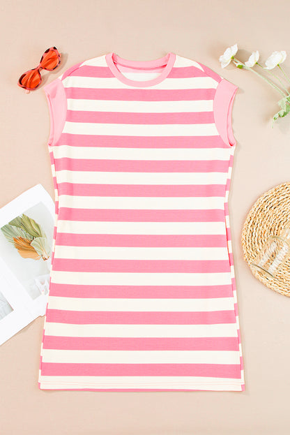 Khaki Stripe Cap Sleeve Shift T Shirt Dress