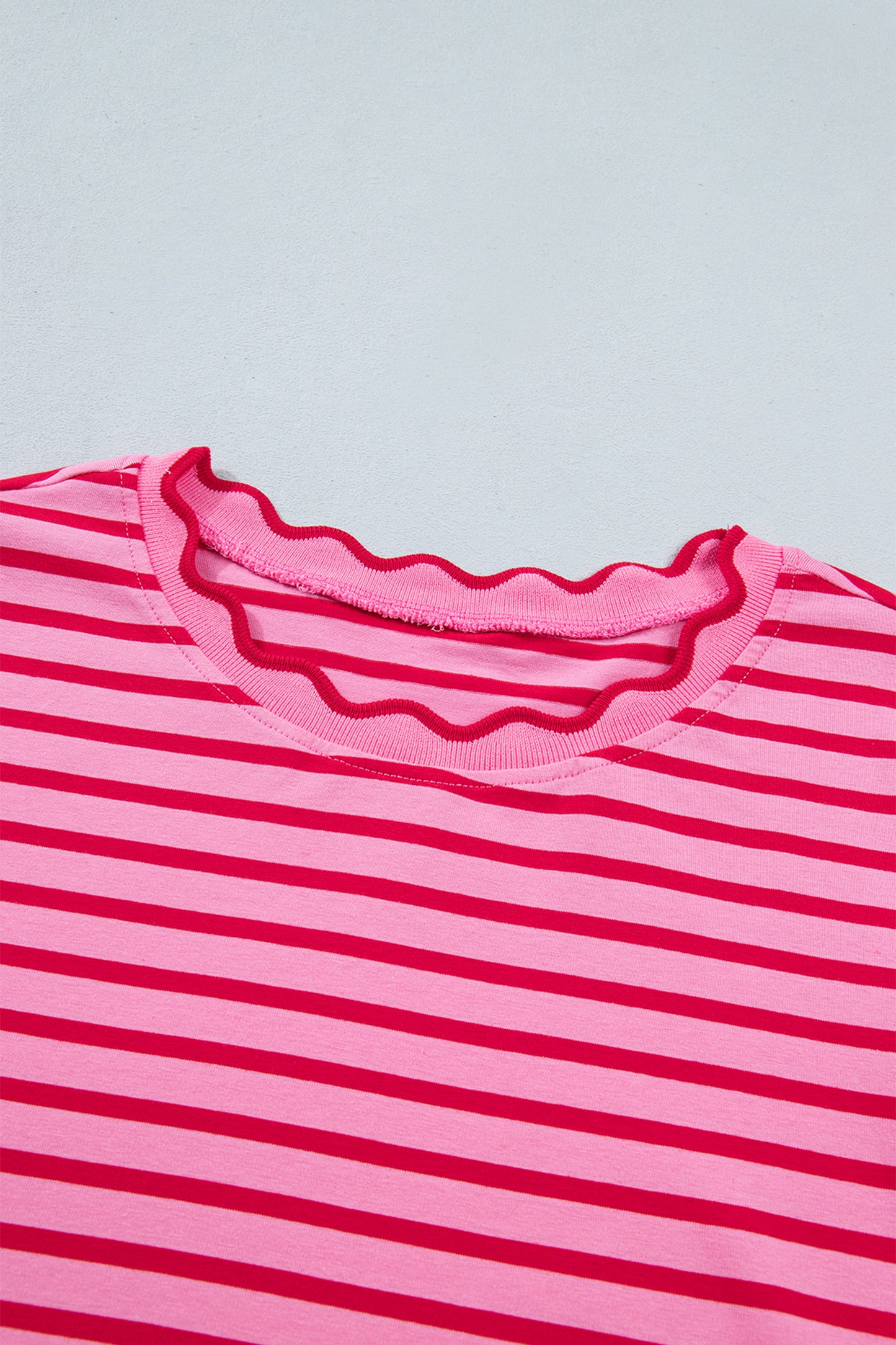 Red Stripe Scalloped Trim Round Neck T Shirt