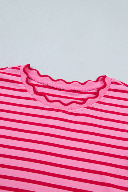 Red Stripe Scalloped Trim Round Neck T Shirt