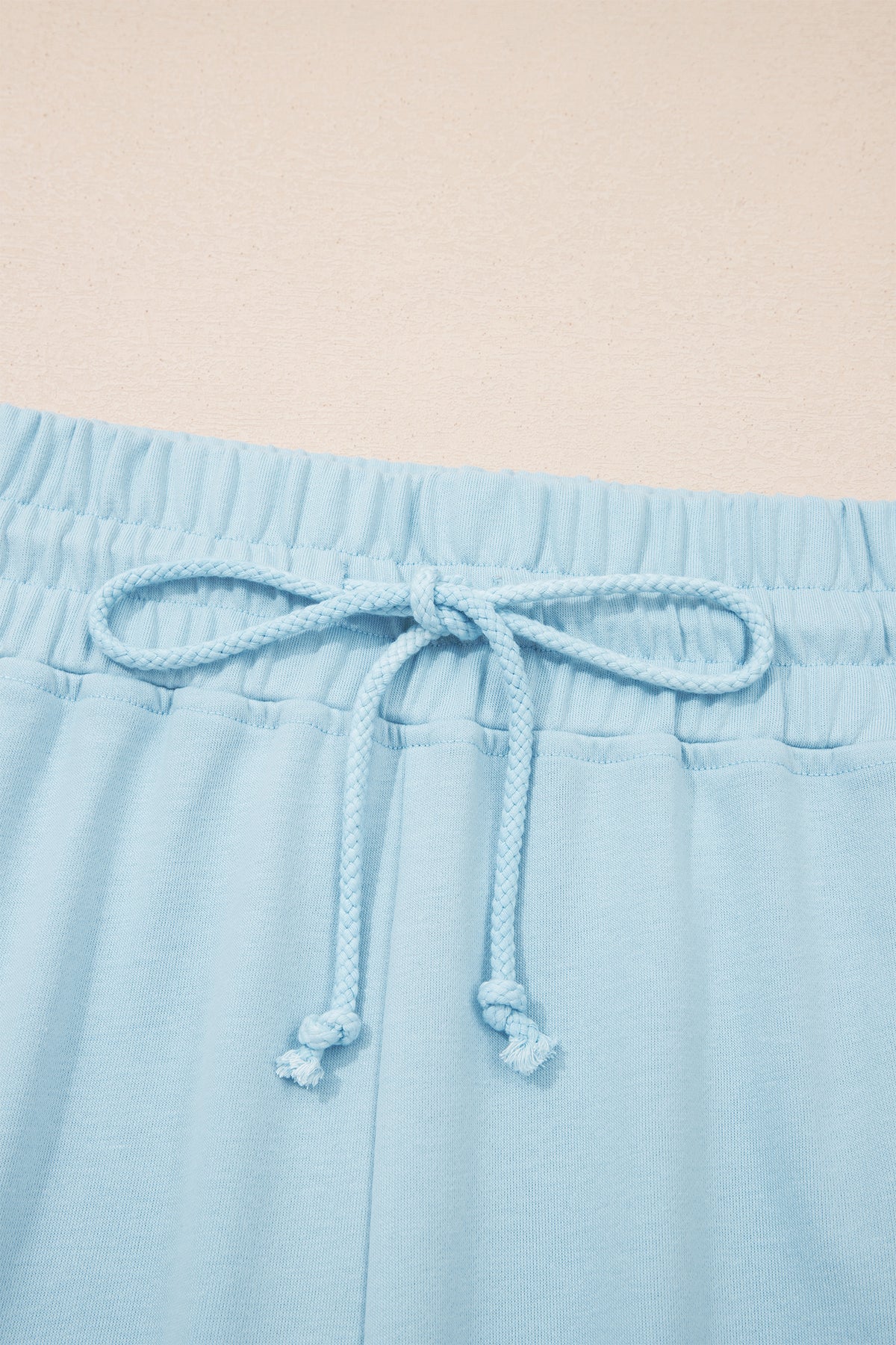 Clearly Aqua Solid Color Ribbed Trim Short Sleeve Top Drawstring Loose Pants 2pcs Outfit