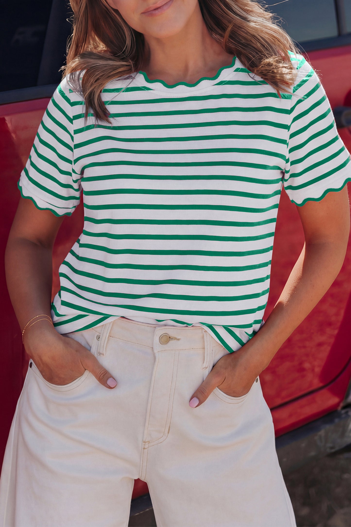 Red Stripe Scalloped Trim Round Neck T Shirt