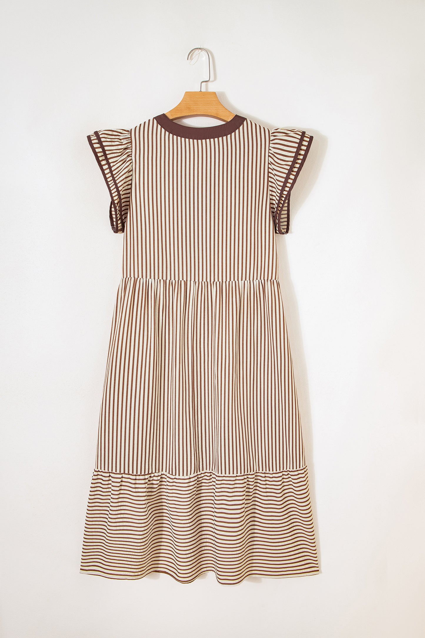 Black Stripe Double Ruffled Short Sleeve Contrast Trim V Neck Midi Dress