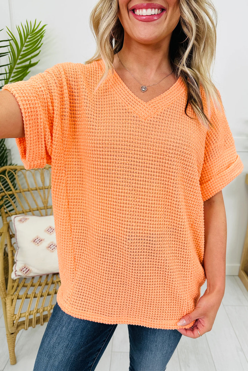 Strawberry Pink Waffle V Neck Short Sleeve Knit Top