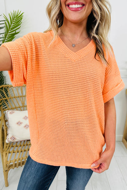 Strawberry Pink Waffle V Neck Short Sleeve Knit Top