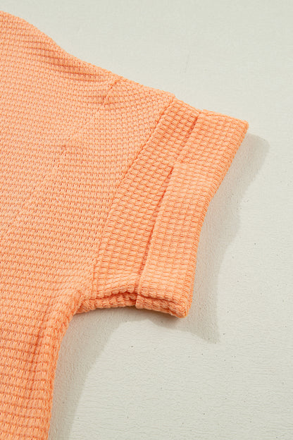 Strawberry Pink Waffle V Neck Short Sleeve Knit Top