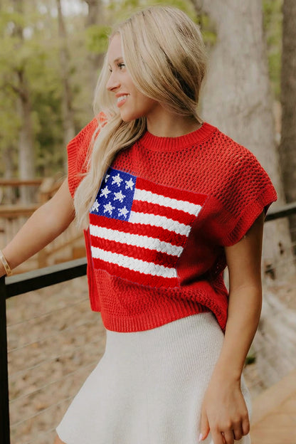 White Flag Graphic Short Sleeve Sweater Top