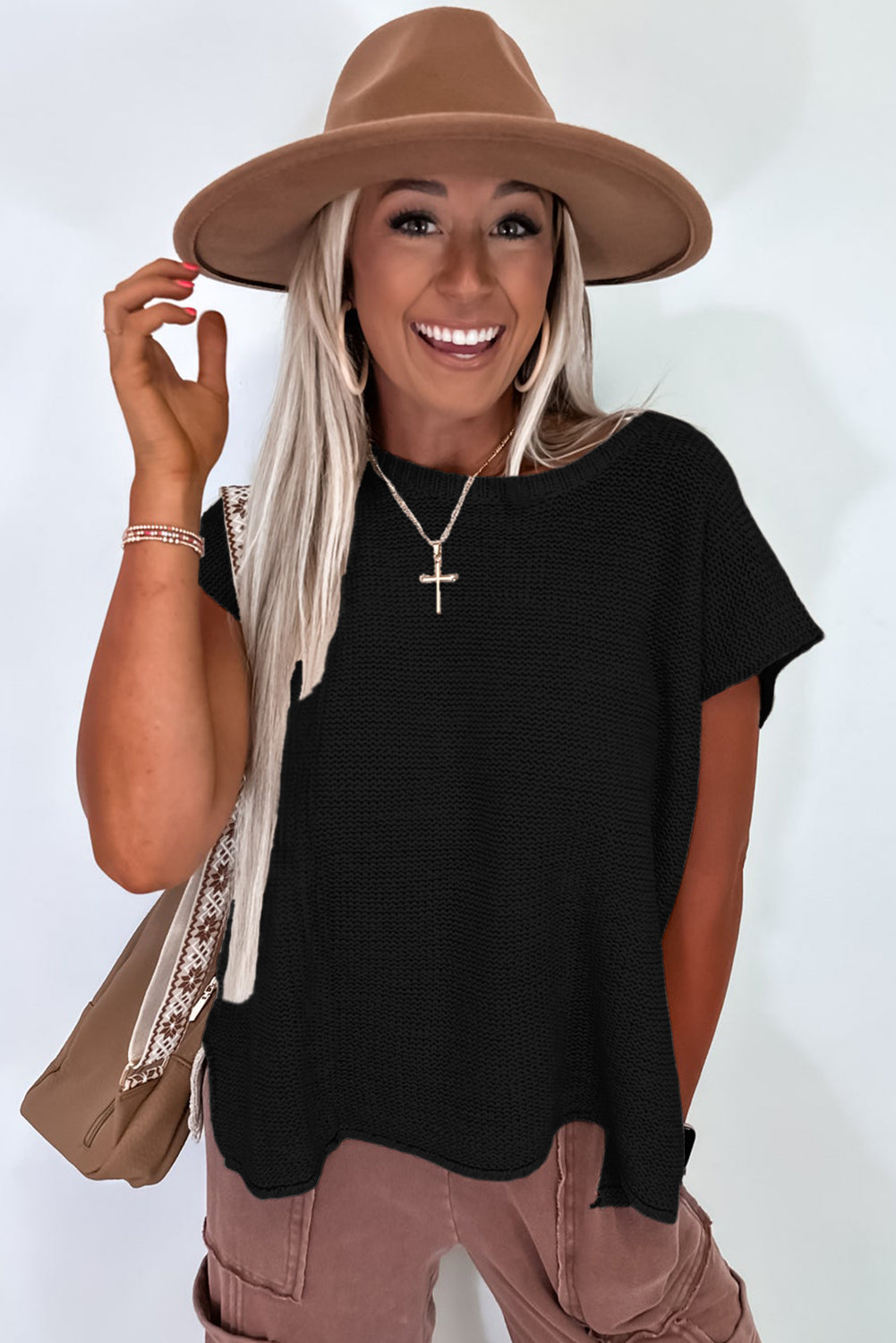 Jet Stream Solid Color Side Slits Sweater Tee