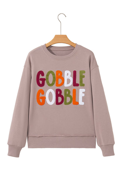 Dark Khaki GOBBLE Letter Graphic Thanksgiving Sweatshirt