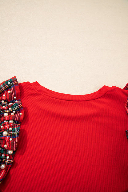 Racing Red Pearl Plaid Ruffle Sleeve Loose T Shirt