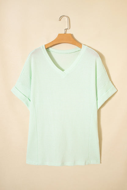 Strawberry Pink Waffle V Neck Short Sleeve Knit Top