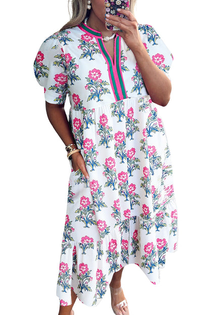 White Allover Floral Print Pop of Color Neckline Puff Sleeve Plus Size Dress