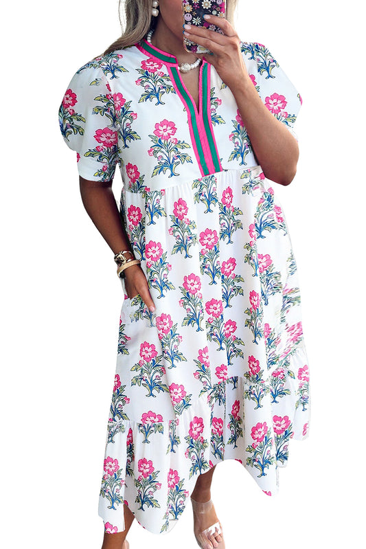White Allover Floral Print Pop of Color Neckline Puff Sleeve Plus Size Dress