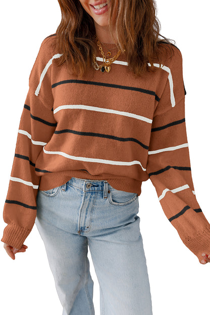 Multicolour Striped Ribbed Edge Drop Shoulder Sweater