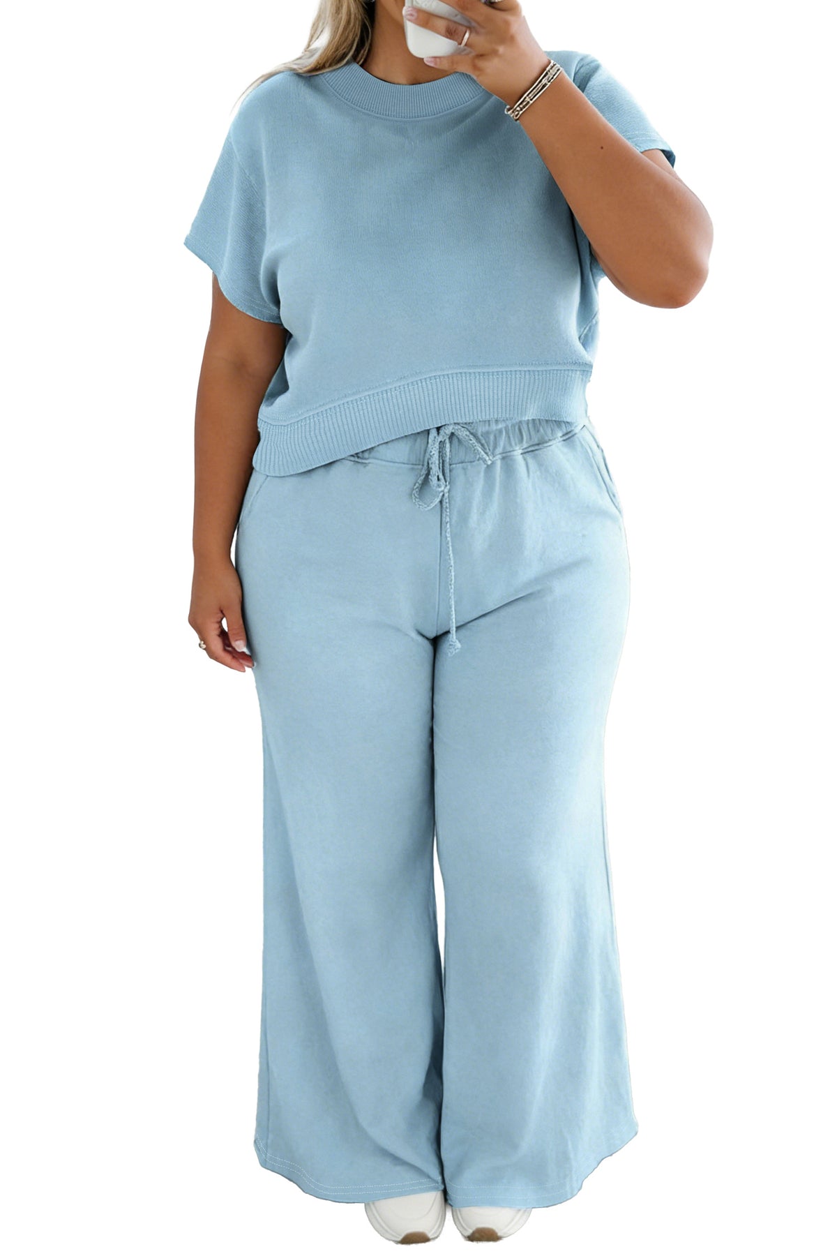 Clearly Aqua Solid Color Ribbed Trim Short Sleeve Top Drawstring Loose Pants 2pcs Outfit