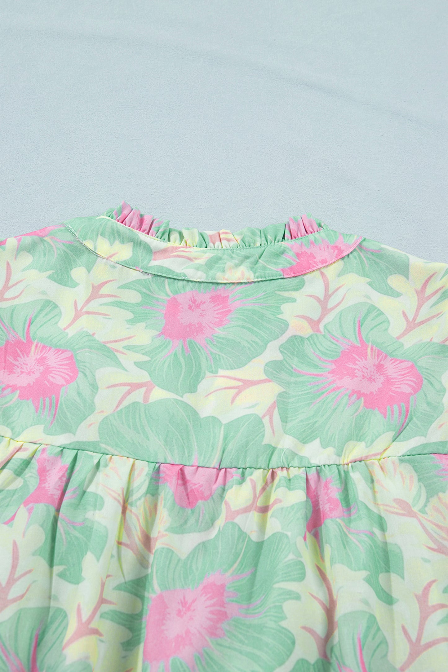 Green Short Bubble Sleeve Summer Floral Blouse