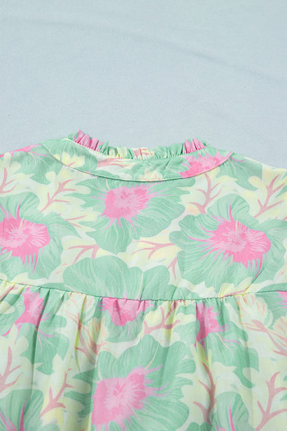 Green Short Bubble Sleeve Summer Floral Blouse