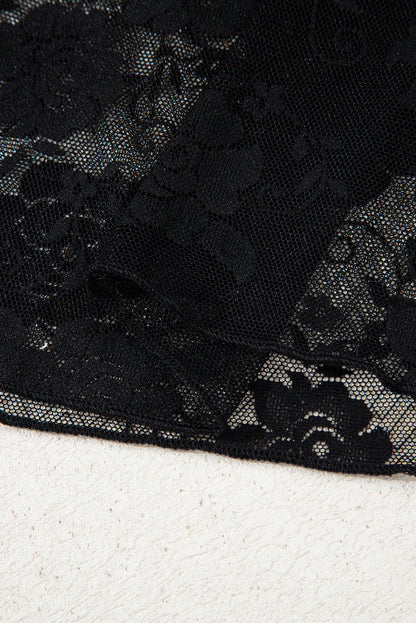 Black Mock Neck Floral Lace Mesh Long Sleeve Top