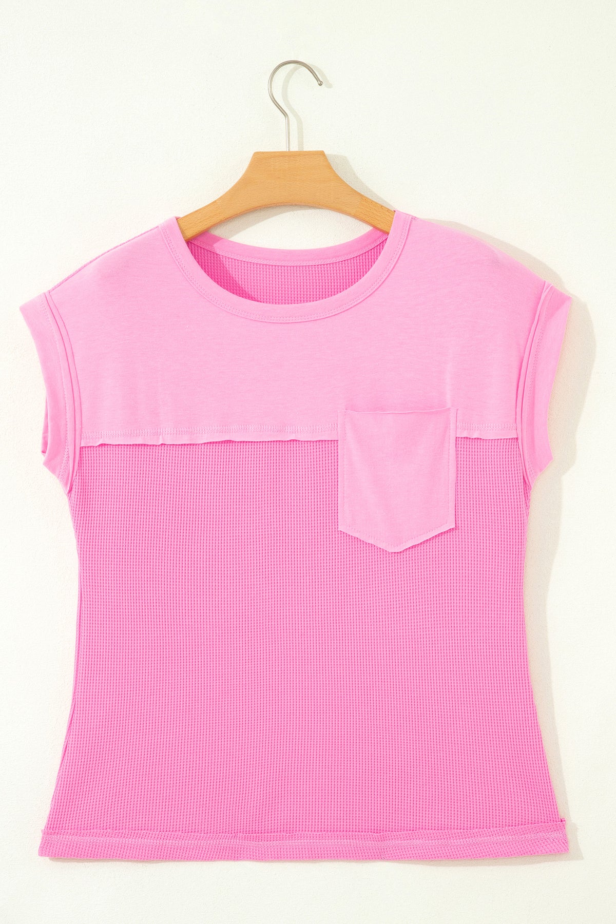 Light Blue Solid Color Raw Seam Waffled Patchwork Casual T Shirt