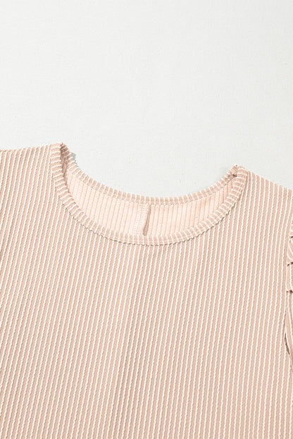 Parchment Corded Crew Neck Puff Sleeve Mini Dress