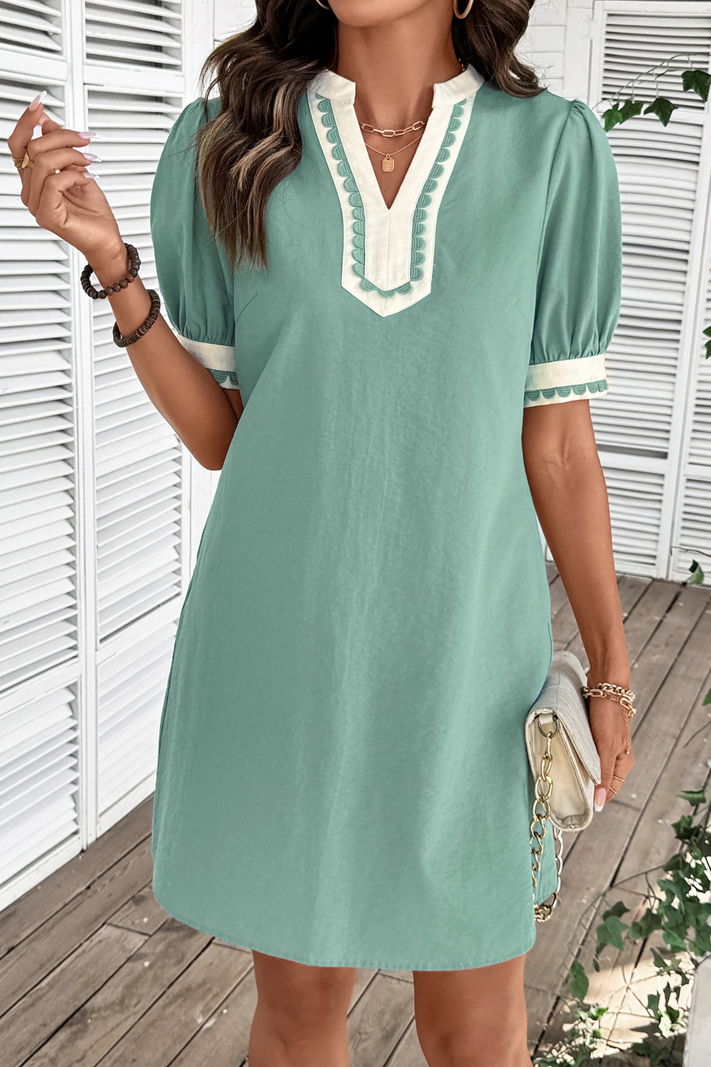 Canton Scallop Color Block Trim Puff Sleeve Mini Dress