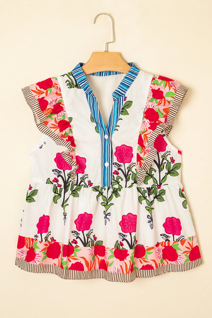 Pink Floral Print Striped Patchwork Flutter Sleeve Blouse
