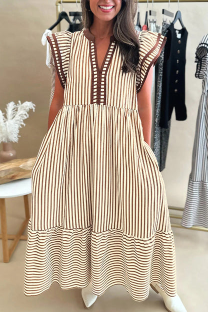 Black Stripe Double Ruffled Short Sleeve Contrast Trim V Neck Midi Dress