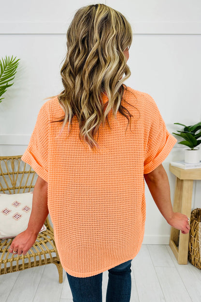 Strawberry Pink Waffle V Neck Short Sleeve Knit Top