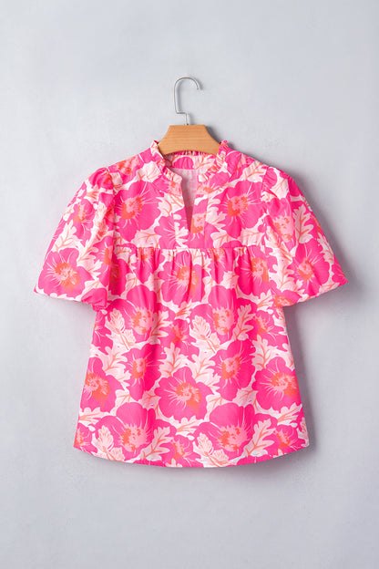 Green Short Bubble Sleeve Summer Floral Blouse
