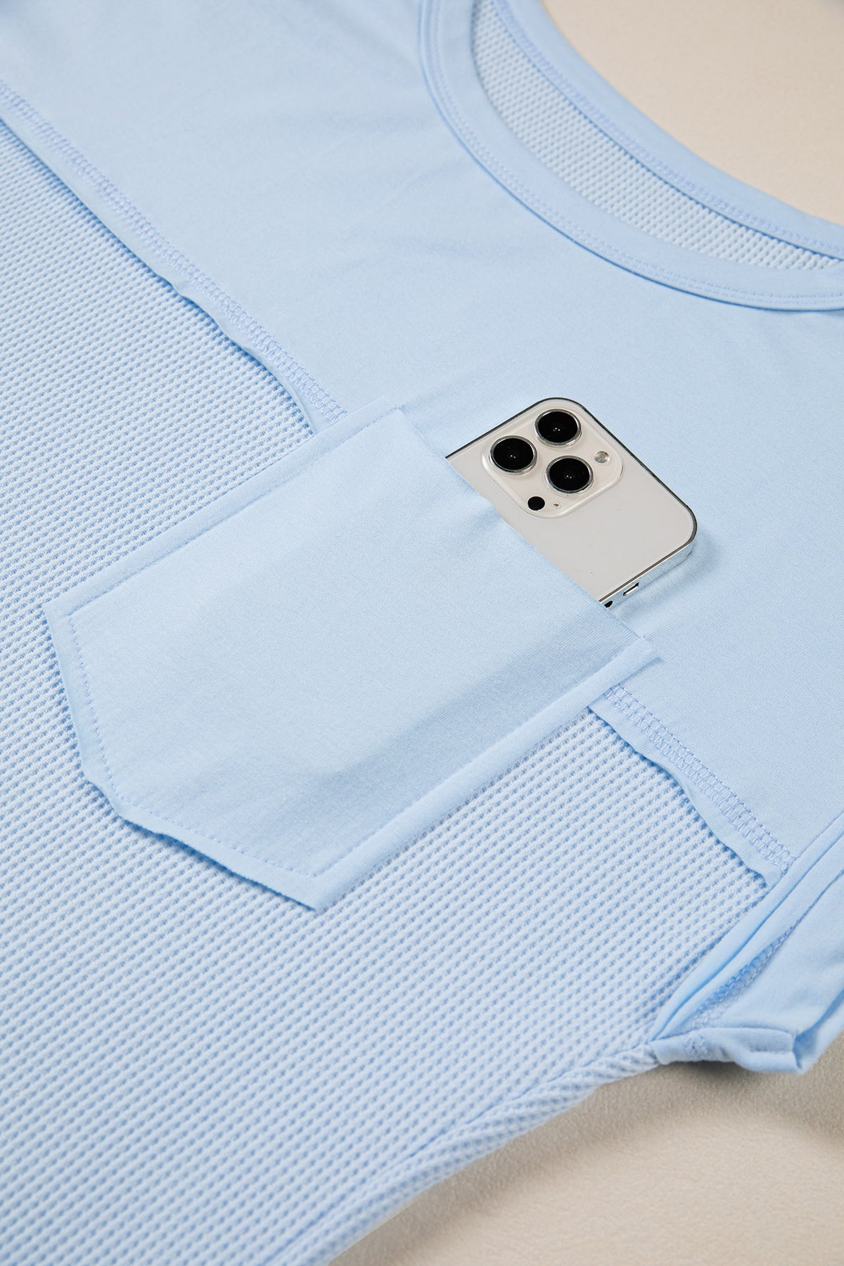 Light Blue Solid Color Raw Seam Waffled Patchwork Casual T Shirt