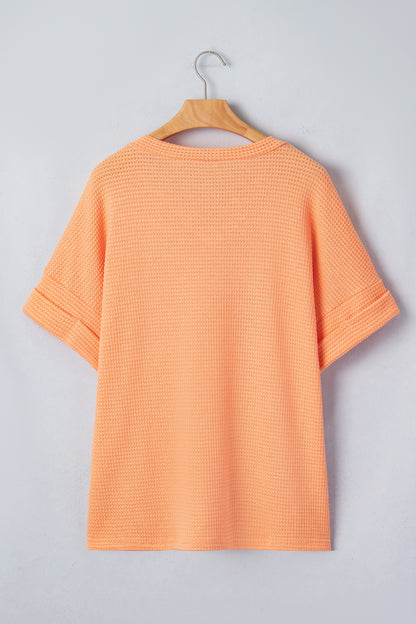 Strawberry Pink Waffle V Neck Short Sleeve Knit Top