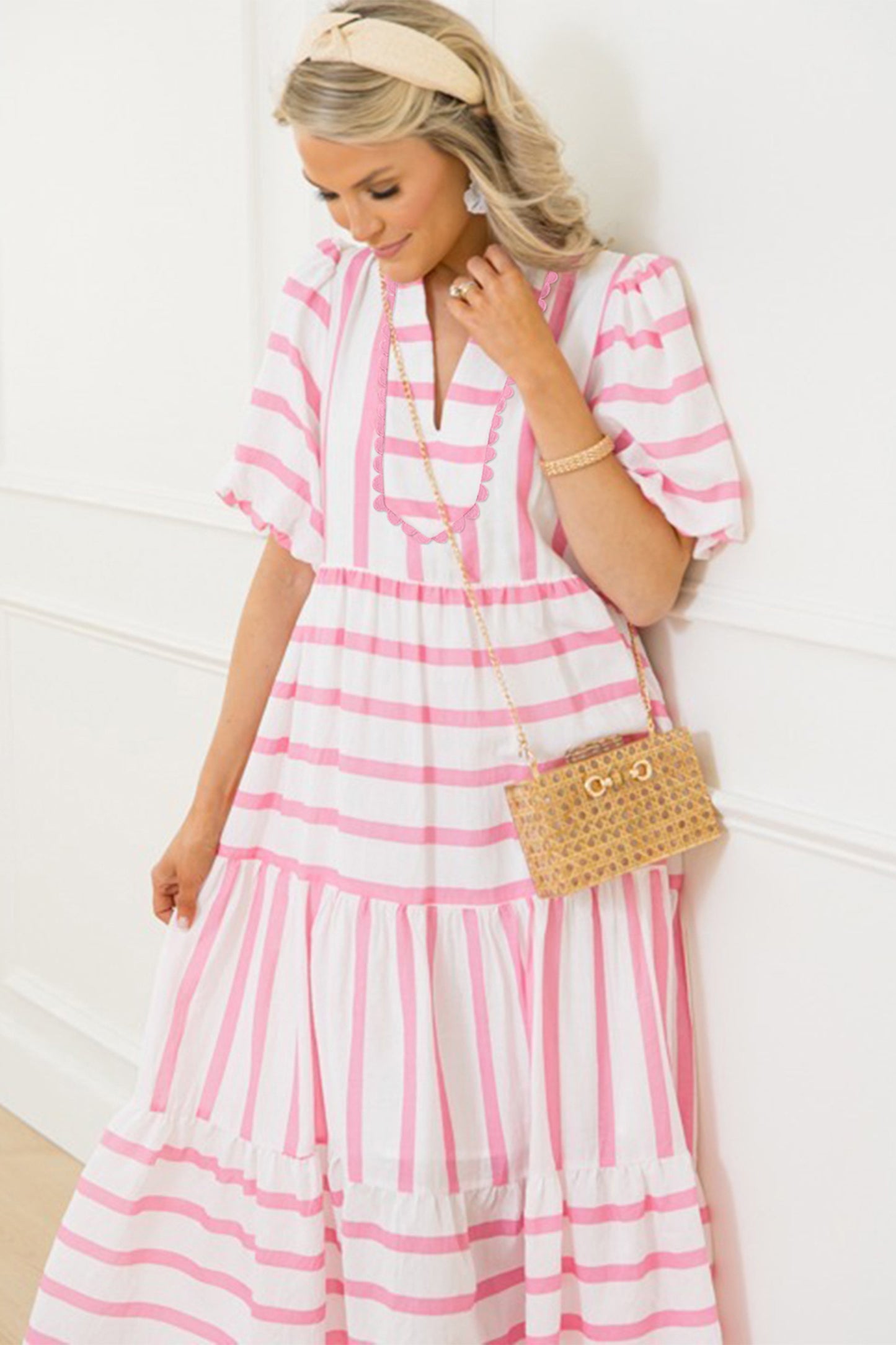 Sky Blue Stripe Ricrac Trim Notched Neck Half Sleeve Vacation Dress