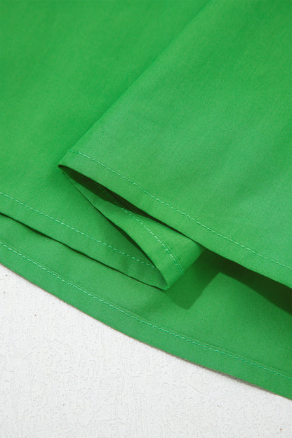 Bright Green Color Block Detail Split Neck Short Puff Sleeve Ruffle Hem Mini Dress
