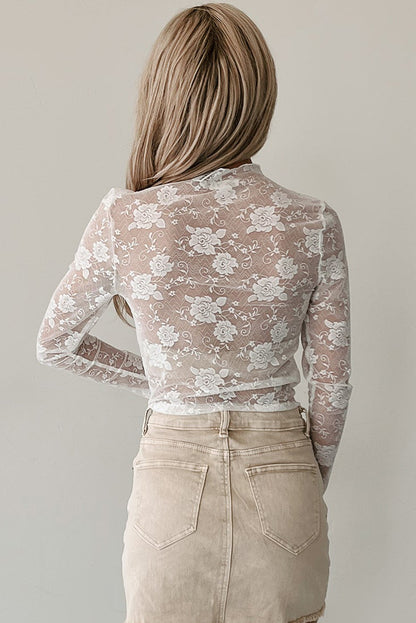 Black Mock Neck Floral Lace Mesh Long Sleeve Top