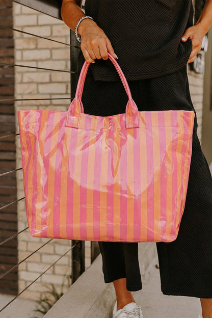 Rainbow Glossy Striped Vinyl Large Tote Bag