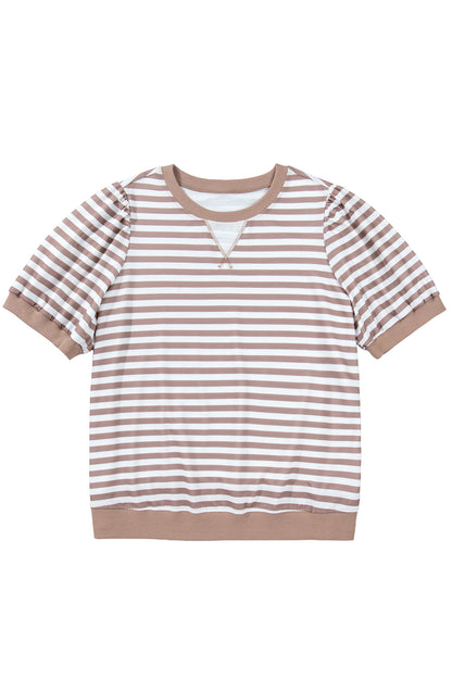 Orange Stripe Ribbed Trim Round Neck Short Puff Sleeve Plus T Shirt