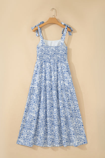 Sky Blue Floral Print Knot Straps High Waist Flared Maxi Dress