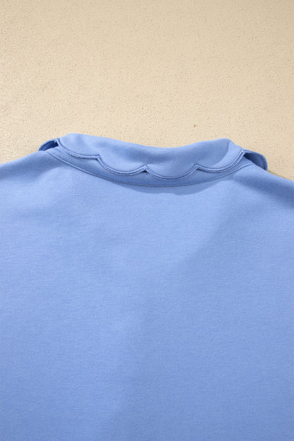 Beau Blue Plus Size Solid Scalloped Hem Button Neck Pullover Mini Dress