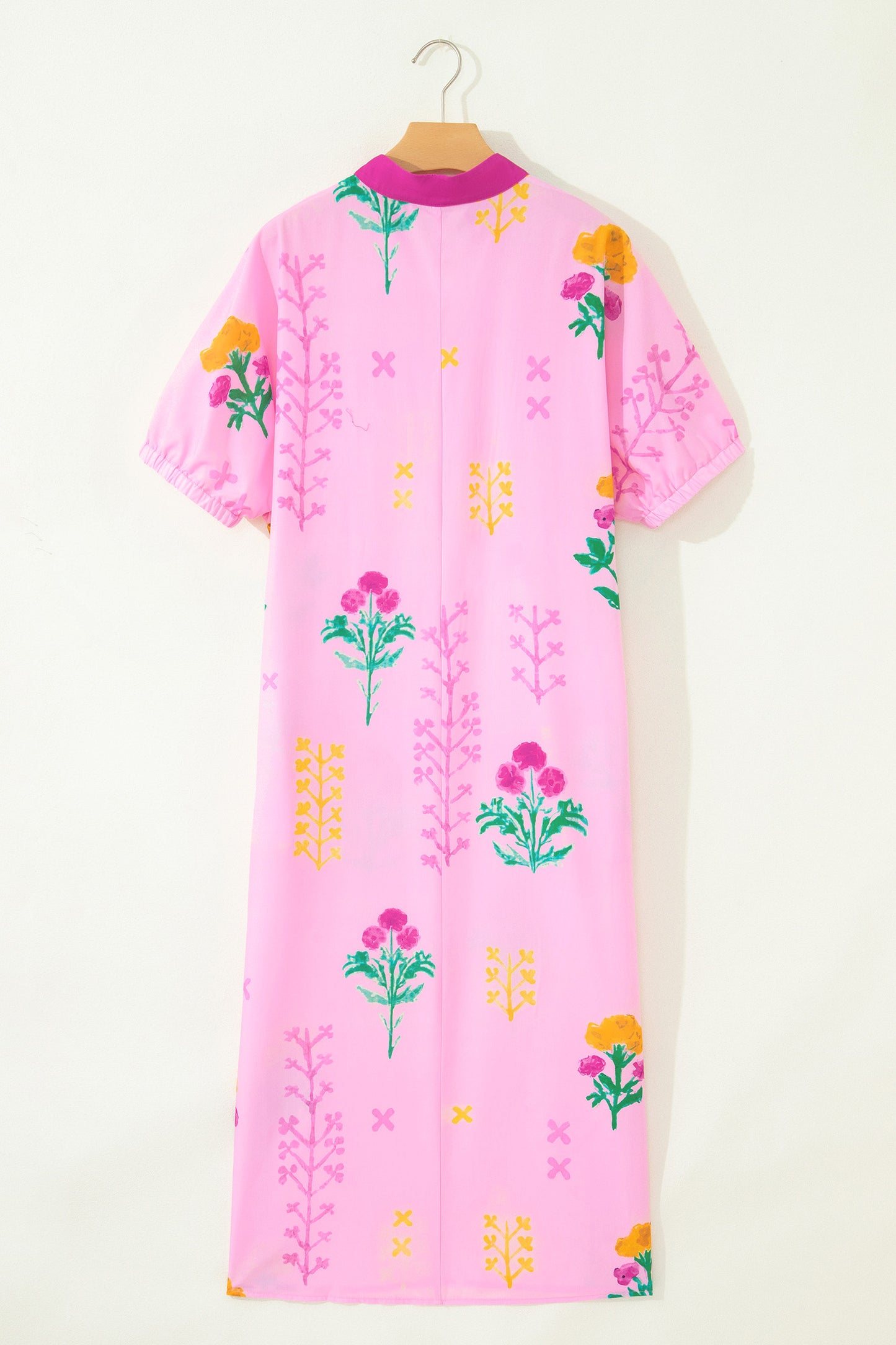 Pink Floral Print Short Sleeve Colorblcok Trim V Neck Midi Dress