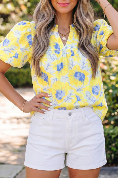 Green Short Bubble Sleeve Summer Floral Blouse