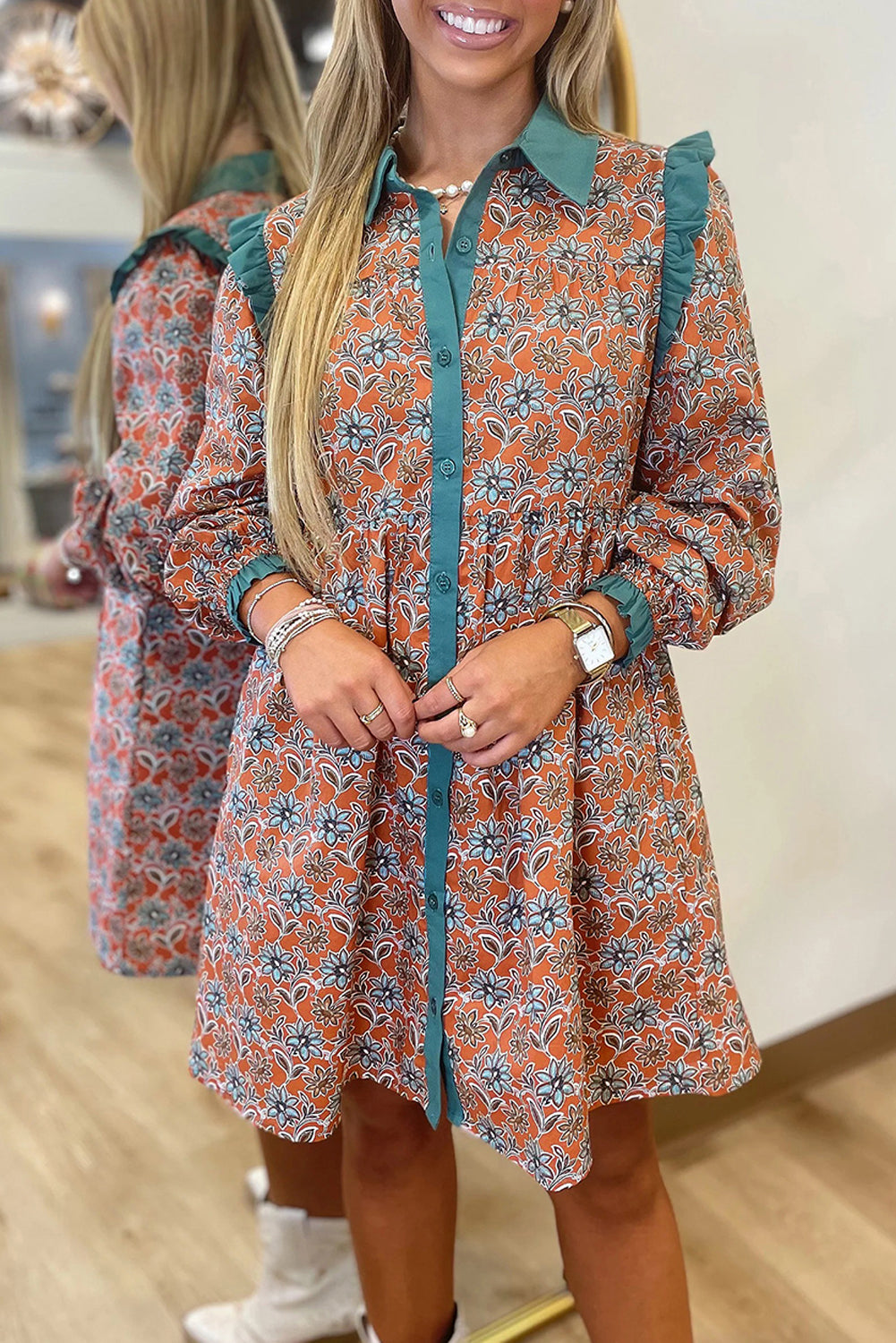 Orange Boho Floral Contrast Collared Shirt Mini Dress