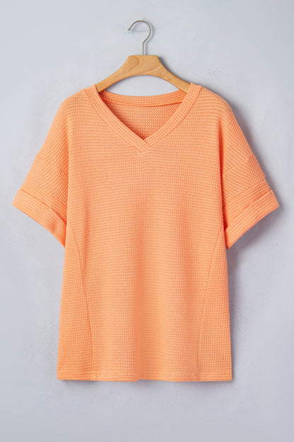 Strawberry Pink Waffle V Neck Short Sleeve Knit Top