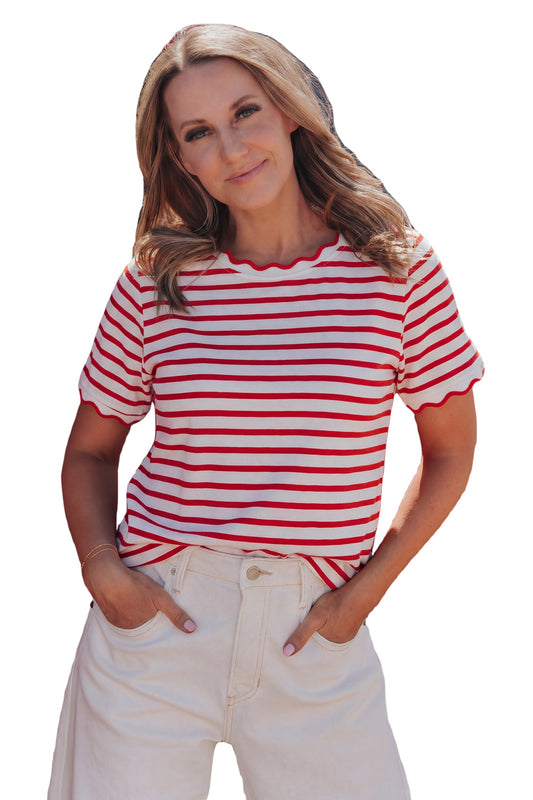 Red Stripe Scalloped Trim Round Neck T Shirt